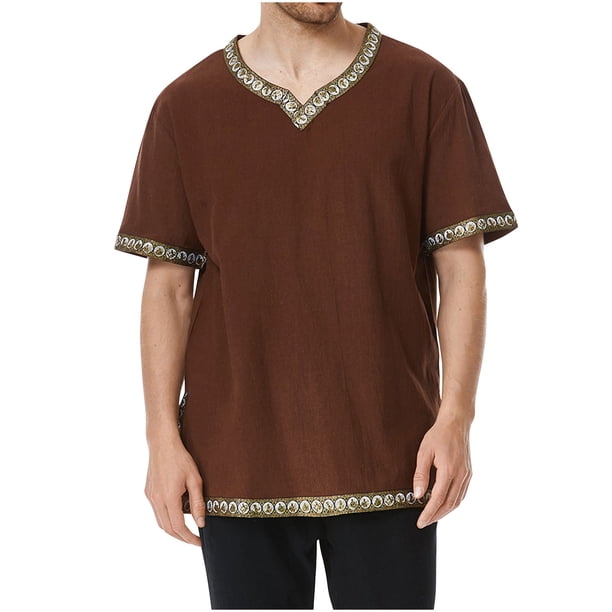 Camisas de Manga Corta de los Hombres Estilo Étnico Impreso Hendidura Cuello en V, Ligero Top Transpirable para la Primavera Y el Verano