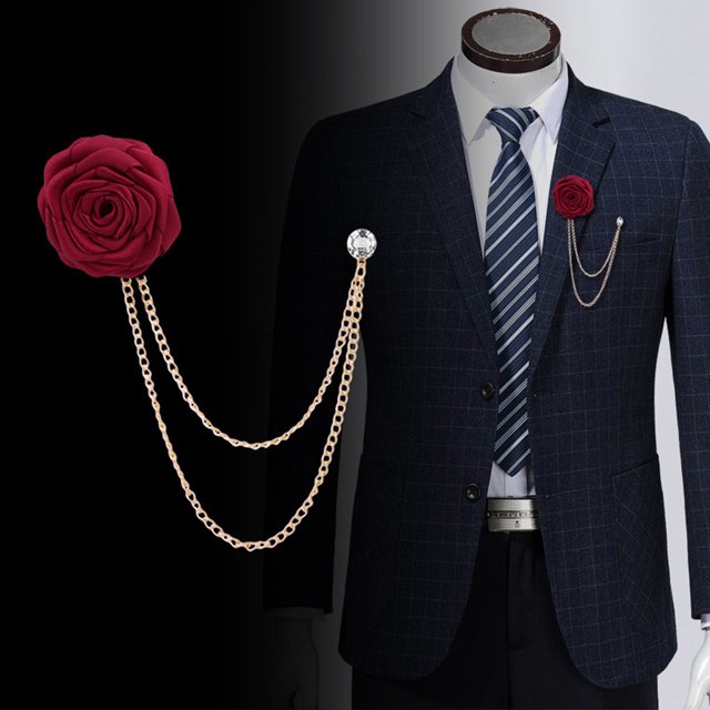 enjoywould Lapel Pin Korean Style Cloth Art Glitter Rhinestone Hand-made Rose Tassel Chain Wedding Brooch for Celebrations