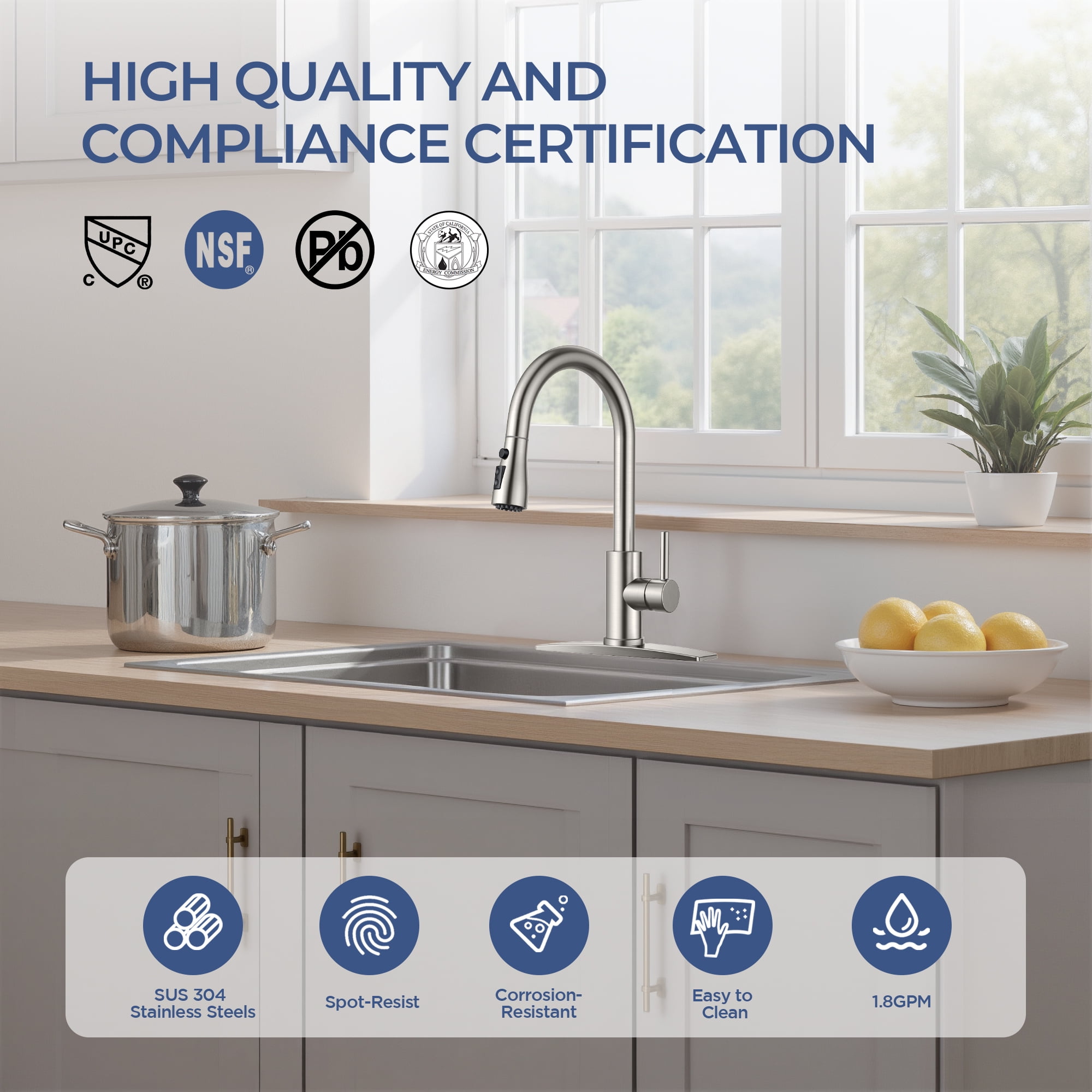 TVOFEK Kitchen Faucet with Pull Down Sprayer, Brushed Nickel Stainless Steel Kitchen Water Faucet with Deck Plate for 1 or 3 Hole, Single Handle Classic Faucets for RV Laundry Bar