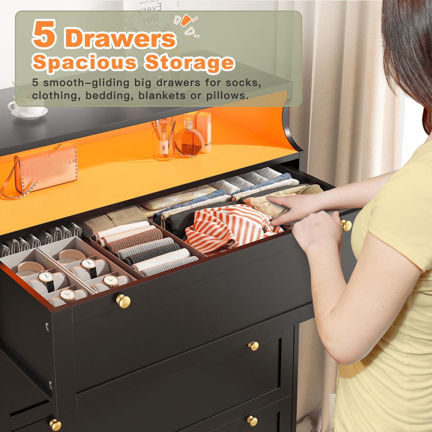 Black Dresser for Bedroom with 5 Drawers,Modern Chest of Drawers with LED Lights and 2 Shelves for Living Room,Hallway