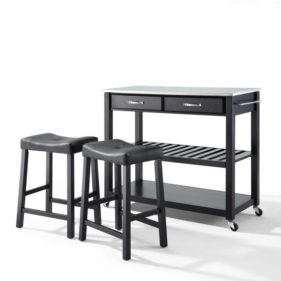 Crosley Furniture Stainless Steel Top Kitchen Prep Cart W/Uph Saddle Stools Black/Stainless Steel - Kitchen Island & 2 Counter Stools