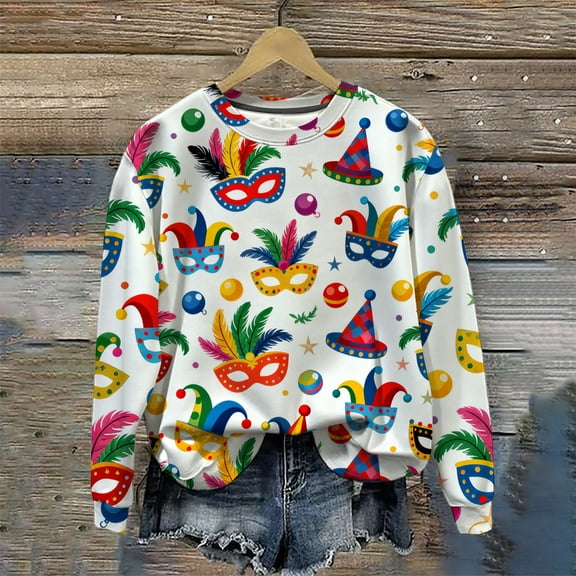 Fznquz Crewneck Tops for Women 2026 Mardi Gras Carnival Blouse Pullover Long Sleeve Mask Graphic Women's Clothing,L