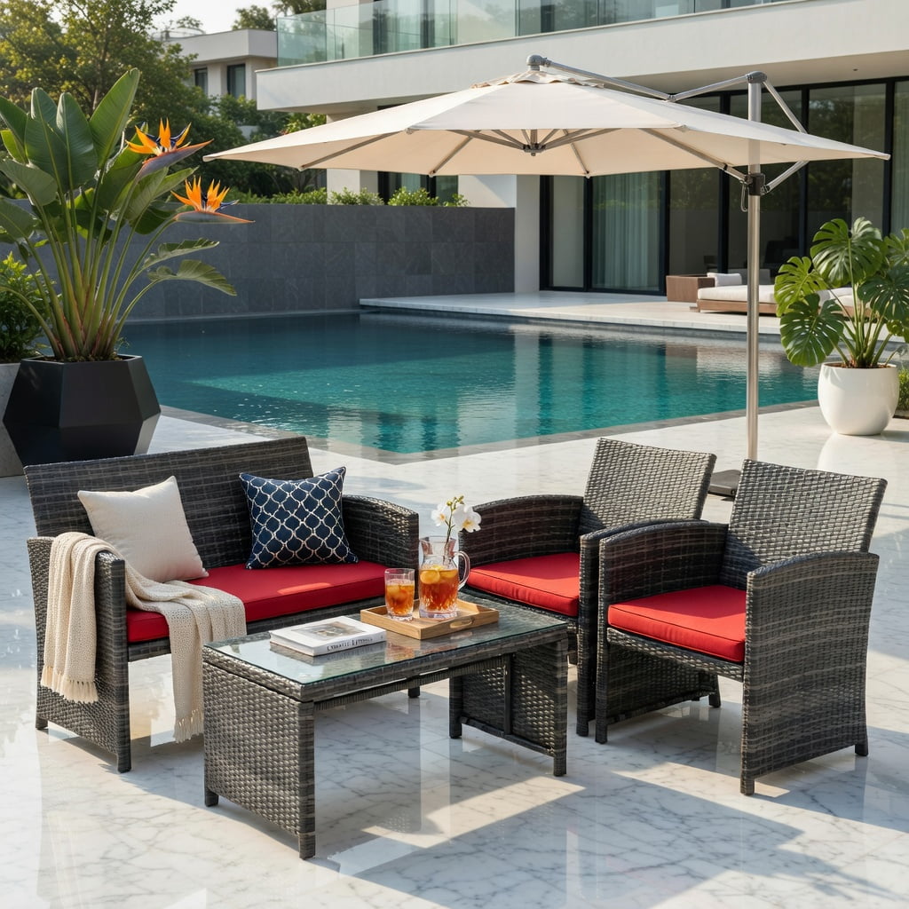 Hommoo 4-Piece PE Rattan Patio Furniture Set with Removable Cushions, Loveseat, 2 Single Chairs & Tempered Glass Coffee Table for Backyard, Garden or Balcony, Red