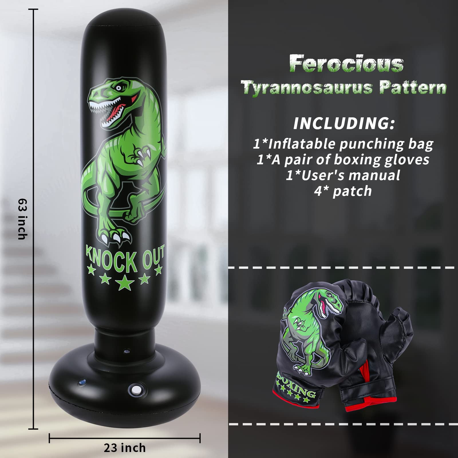 Dinosaur Punching Bag for Kids - 63 inch Inflatable Boxing Bag with Gloves - Children Sports Toys Exercising Boxing Set for Training Karate and Taekwondo - Freestanding Tumbler Bounce Back