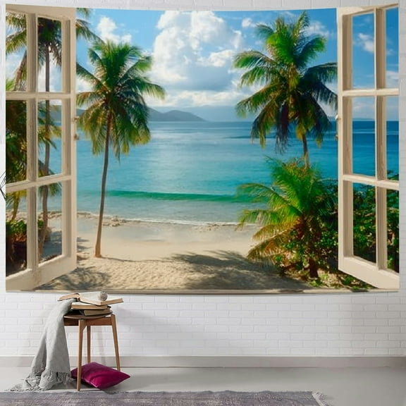 BCIIG Window Beach Palm Trees Tapestry Wall Hanging Home Decor 40x30inch