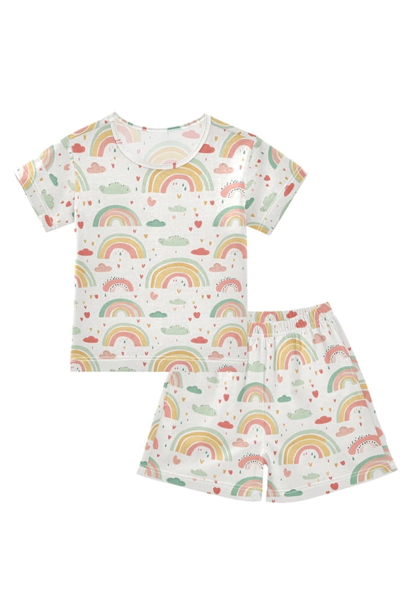 Rainbow Cartoon Clouds Pajama Sets Short Sleeve Cotton 2-Piece Sleepwear 12Y