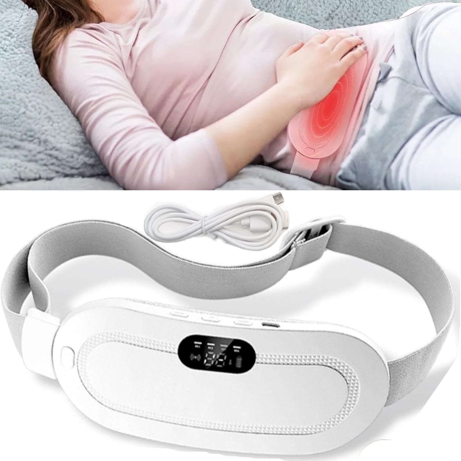 Period Heating Pad, Abdomen Heated Massager Wrap, Heating Pad for Menstrual, Uterine Warm Belt for Cramps with 4 Speed Vibration, 3 Level Heating, 30min Auto Off, White