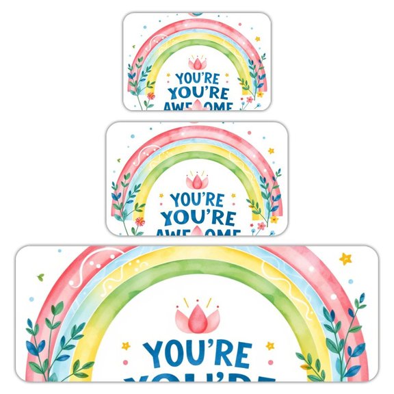 RKSupls Kitchen Rug Set 3 Piece Anti-Slip Flannel Floor Mats, Rainbow Youre Awesome Washable Absorbent Runner Mats for Kitchen Bathroom Home Decor