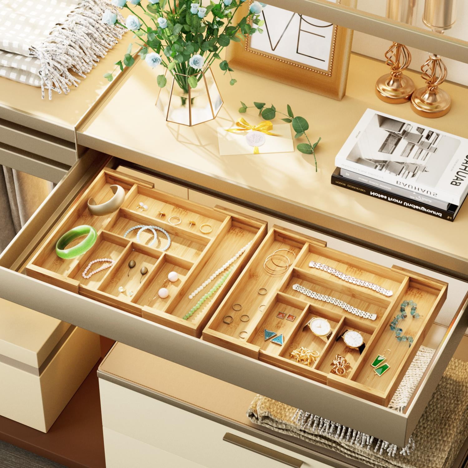Bambloom Bamboo Expandable Cutlery Drawer，Utensil Silverware Drawer Organizer for Kitchen，with 5 Compartment