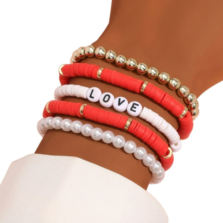 5pcs/set Retro Bohemian Style Red Pearl & Clay Beads Bracelets