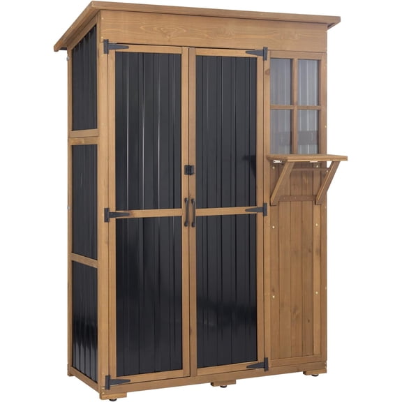 Gowoodhut Large Storage Shed, Wood & Metal Outdoor Storage Cabinet with External Foldable Table