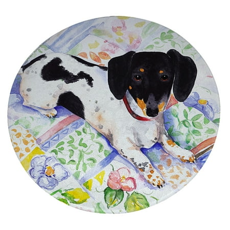 

KuzmarK 12 Round Glass Cutting Board - Tricolor Miniature Dachshund Art by Denise Every