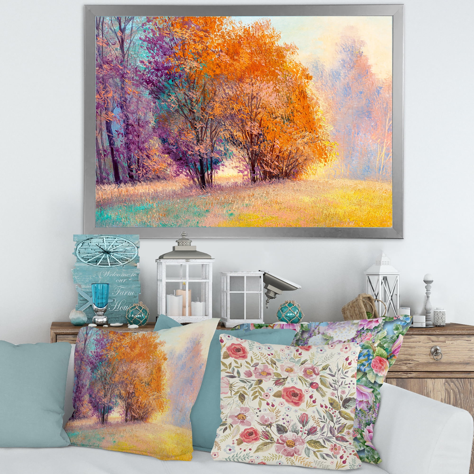 Designart 'Autumn Forest Orange Leaves Landscape' Lake House Framed Art Print