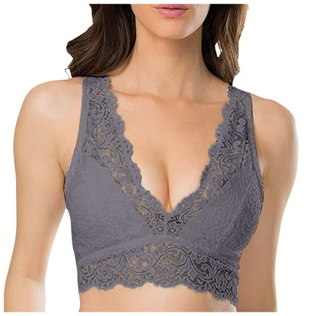 Lace Bralettes Womens Padded Deep V-Neck Wireless Plunge Bra Floral Comfort Everyday Bra