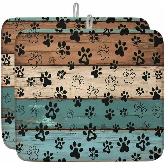 Absorbent Dish Drying Mat for Kitchen Counter Dog Paws Vintage Farmhouse Wood Board Microfiber Dish Drying Pad, Funny Cartoon Animal Paw Dish Drainer Mat Rack for Utensils/Countertops, 16x18in, 2Pack