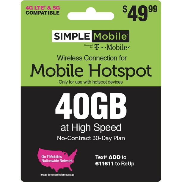 Simple Mobile 49.99 Hotspot 40GB Data 30 Day Plan ePIN Top Up (Email