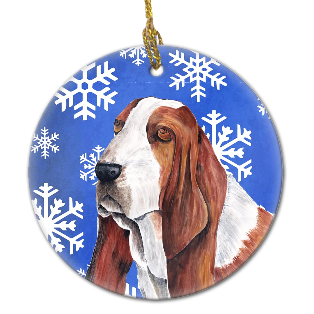 Basset Hound Winter Snowflakes Holiday Ceramic Ornament SC9372