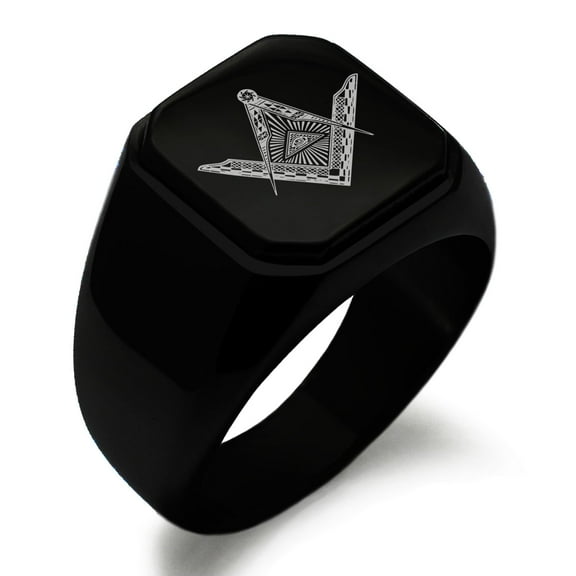 Stainless Steel Freemasons Masonic Eye of Providence Engraved Square Flat Top Biker Style Polished Signet Ring