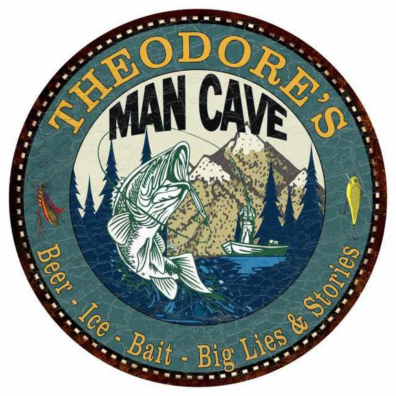 THEODORE'S Man Cave Fishing 14" Round Metal Sign Garage Bar Decor 100140004485