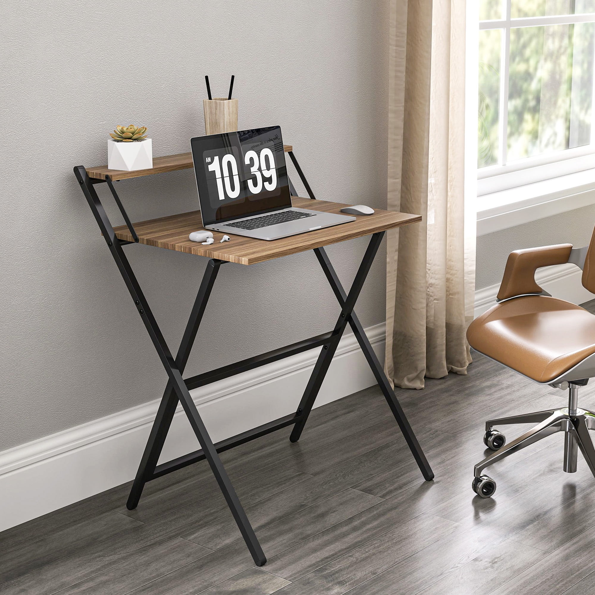 HOMCOM Small Folding Desk, 27.6" Foldable Computer Desk with Monitor Shelf, Writing Table for Small Spaces, Home Office, Study, Easy Assembly, Walnut