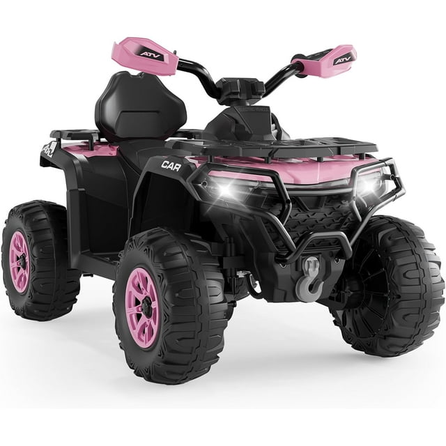 12V Electric Ride on ATV Car for Kids 3-8 Years, Remote Control, Spring Suspension, LED Lights, Bluetooth, Music, Early Education, Volume Control, Battery Powered Cars for Toddlers & Big Kids, Pink