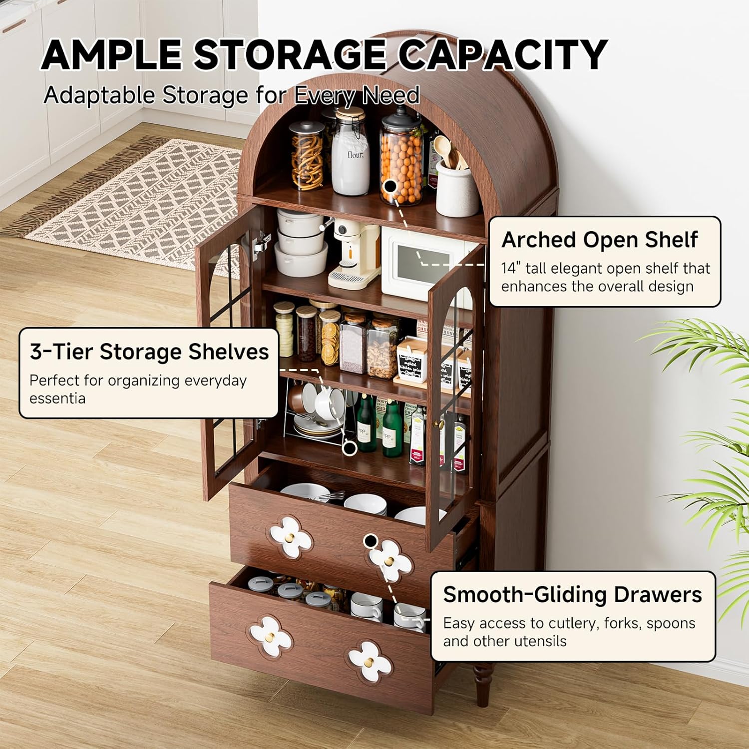 Mophoto Arched cabinet Bookshelf Bookcase Storage with Tempered Glass Doors Versatile Kitchen Cabinets,71“ Tall Food Pantry Furniture for Living Dining Room(Black)