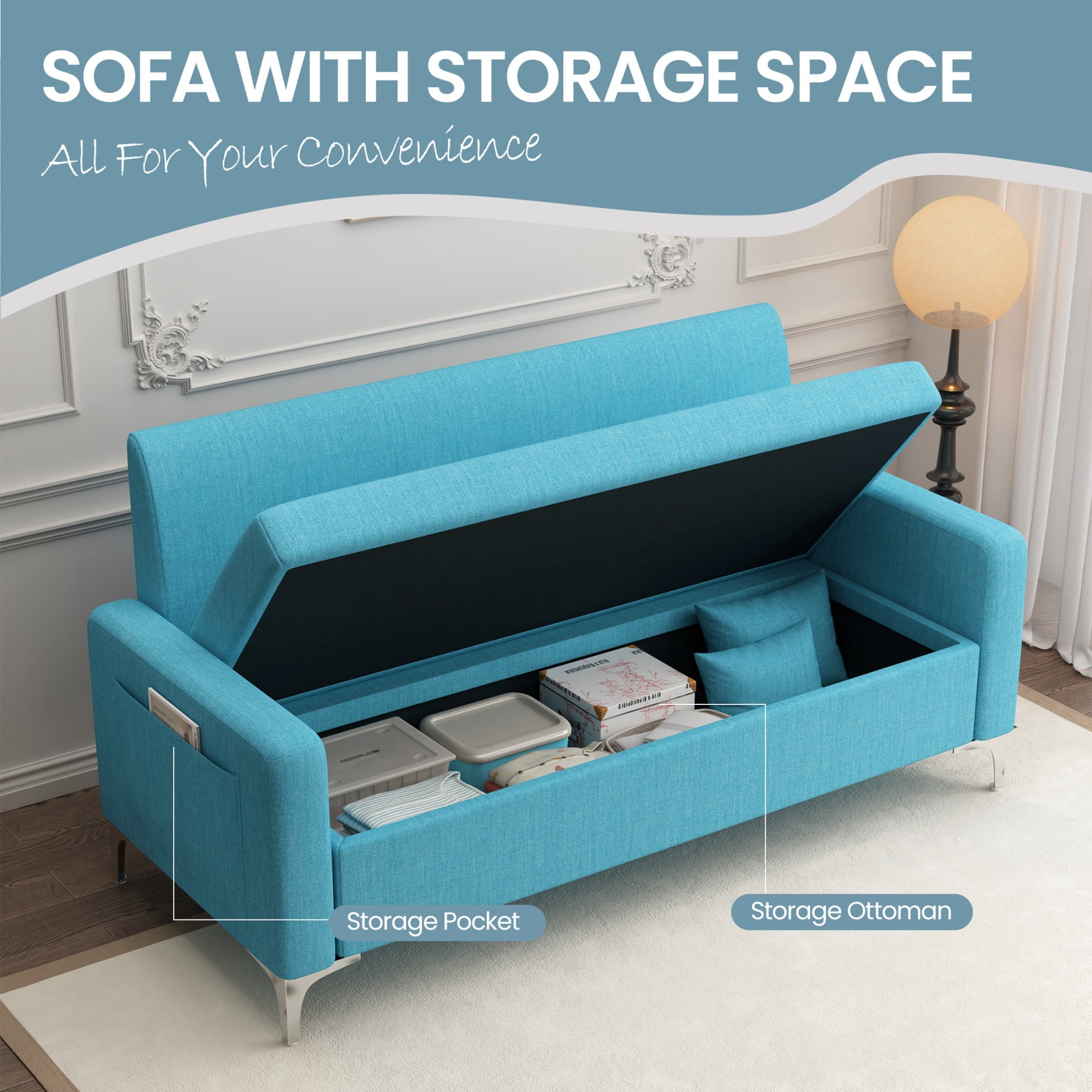 Aukfa Loveseat Sofa Couch with Storage Underneath, Small Couch for Bedroom, Living Room, Dorm, Blue