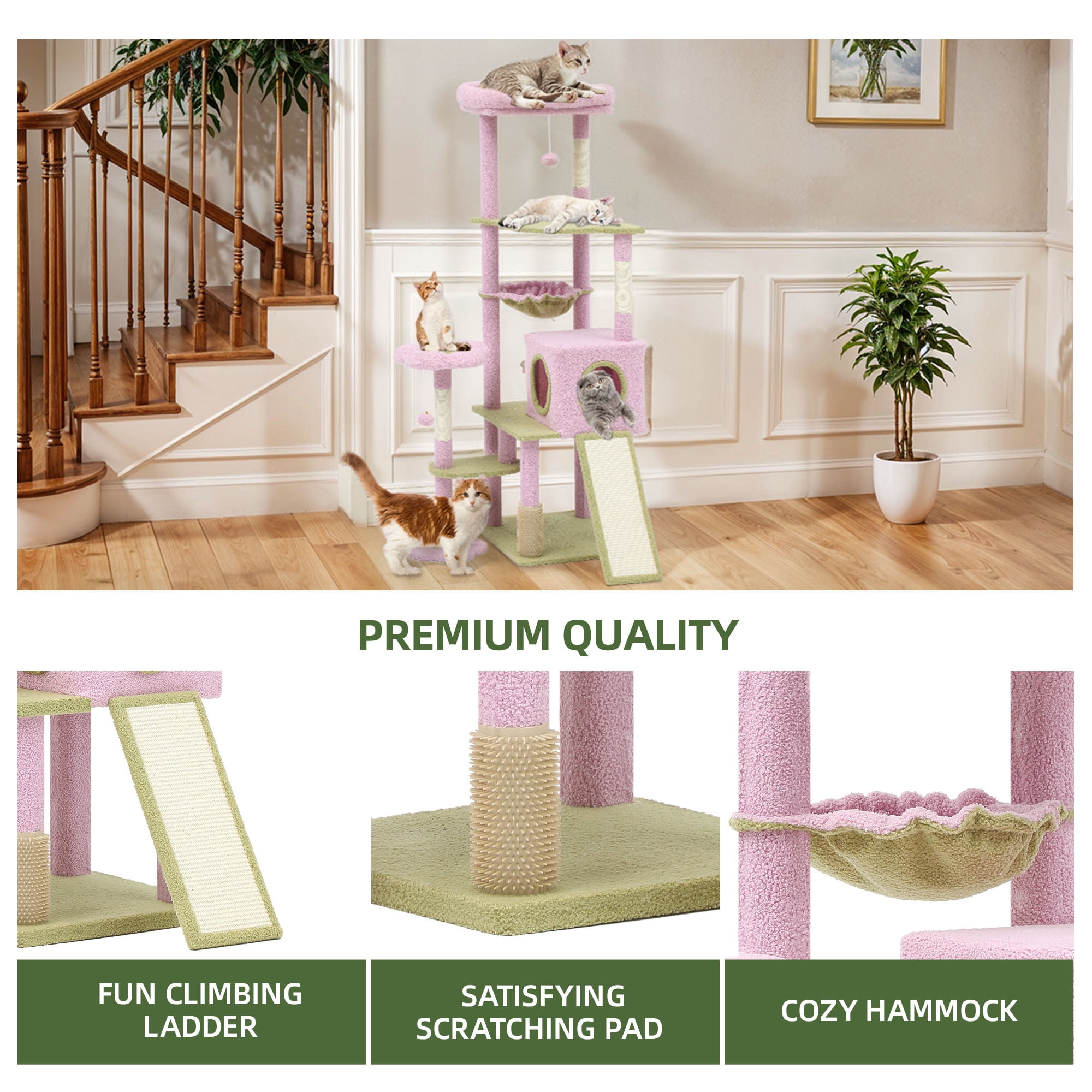 Uforic 61" Flower Cat Tree,Cat Tree Cute with Scratching Posts Tower with 3 Sisal Scratching Posts & Hammock for Medium Indoor Cats, Pink
