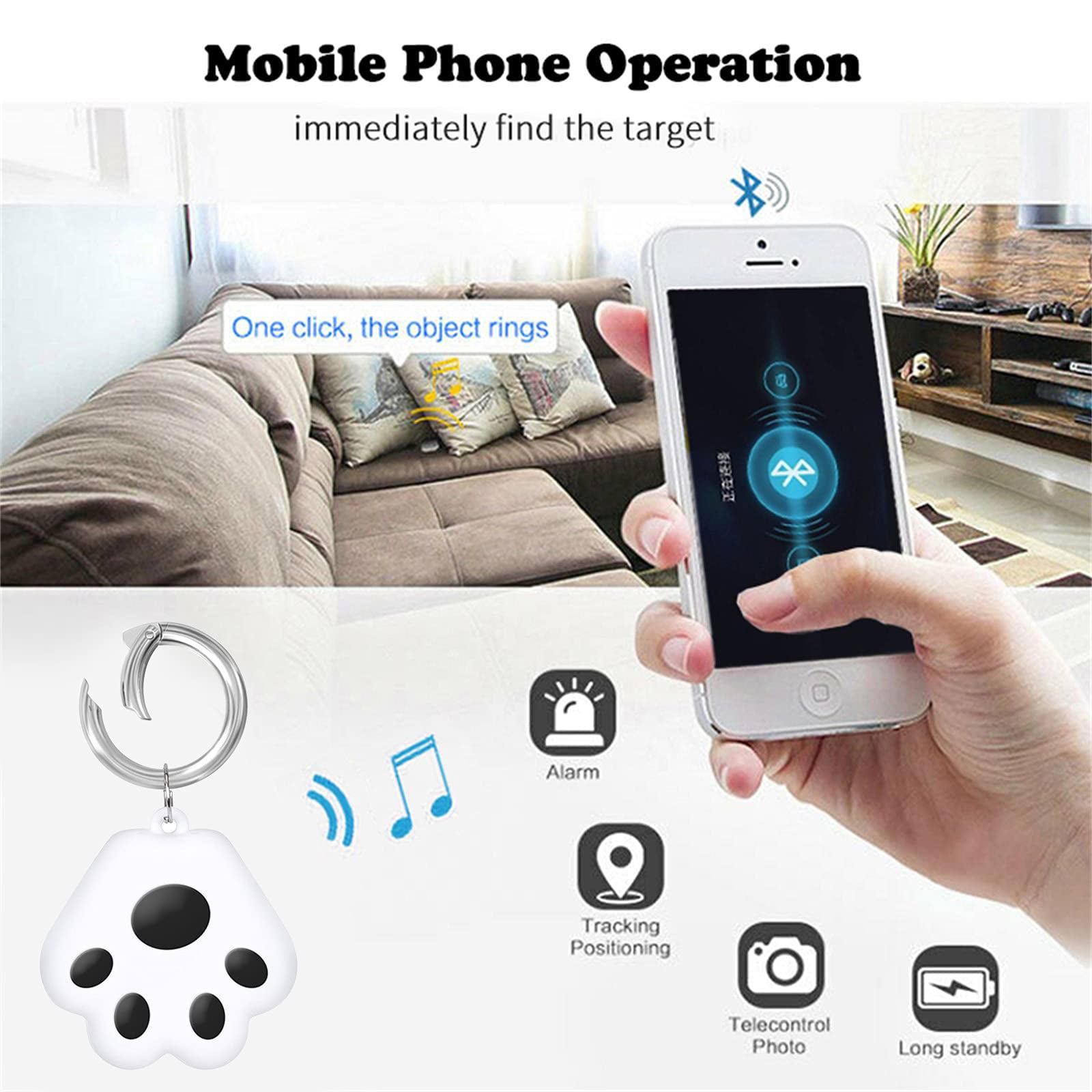 Black Portable Bluetooth Intelligent Anti-Lost Device for Luggages/Kid/Pet/Cat/Dog GPS Tracking Locator Gift for Pet Dog Paw Design Waterproof Bluetooth Alarms Device 