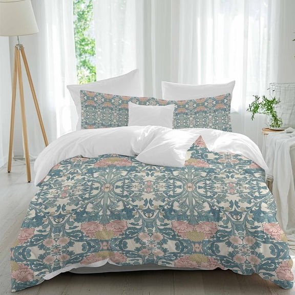 3 Piece Teal Pink Duvet Cover Set Full Size, Microfiber Comforter/Quilt Cover with Corner Ties and 2 Pillowcases, Vintage Floral Watercolor Boho Ethnic All Season Soft Bedding with Zipper Closure