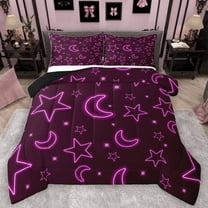 Homewish Cartoon Stars Moon Queen Comforter Set,Modern Geometric Striped Bedding Sets,Neon Pink Bedding Comforter Set For Girls Kids,Luxury Bedroom Decor Reversible,3pcs