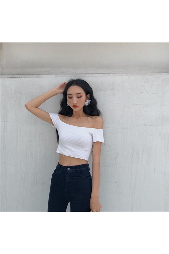 Women Knitted T-Shirt,Off Shoulder T Shirt,Short Sleeve Knitted Top,Korean Style Wild T-Shirts,One-Shoulder Solid Color Blouse
