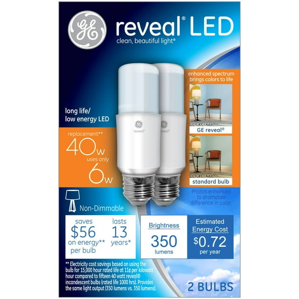 Ge reveal 40w equivalent (uses 6w) led bright stik a19 bulb, 2pack