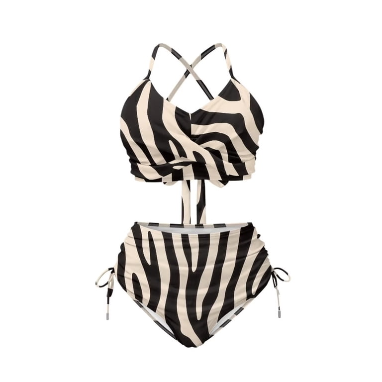 Xoenoiee Brown Zebra Stripe Print Womens High Waisted Bikini Sets