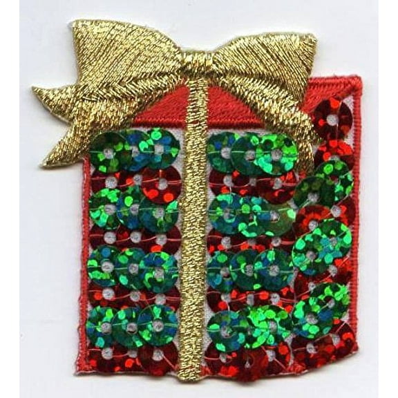 Christmas Sequin Gift - Green/Red/Gold - Iron on Applique/Embroidered Patch