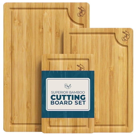 Chef's FAVORITE Bamboo Cutting Board Set of 3 – Pre-Oiled, Double-Sided Boards with Juice Grooves – Large, Medium & Small – Built-in Handles – Mess-Free Chopping for Kitchen Prep