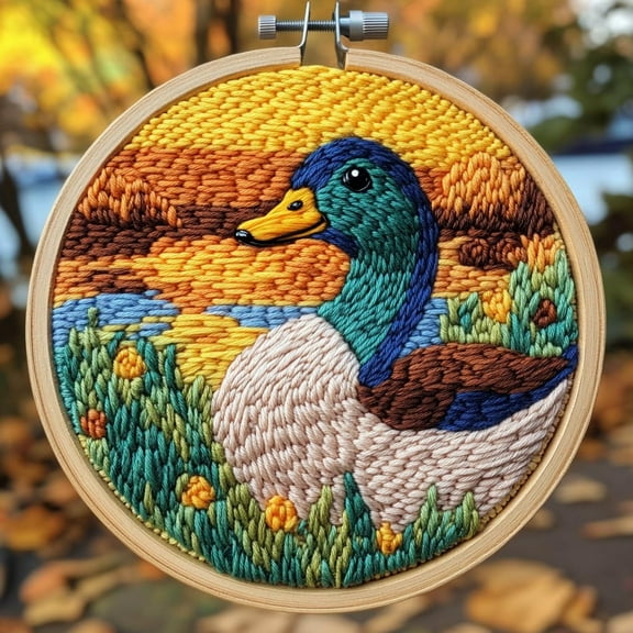 DIY Punch Needle Kits for Beginners Mallard with Sunset with Hoop Punch Needle Starter Craft Embroidery Set Easy for Adults and Children Festival Gift and Decoration 20x20cm-1
