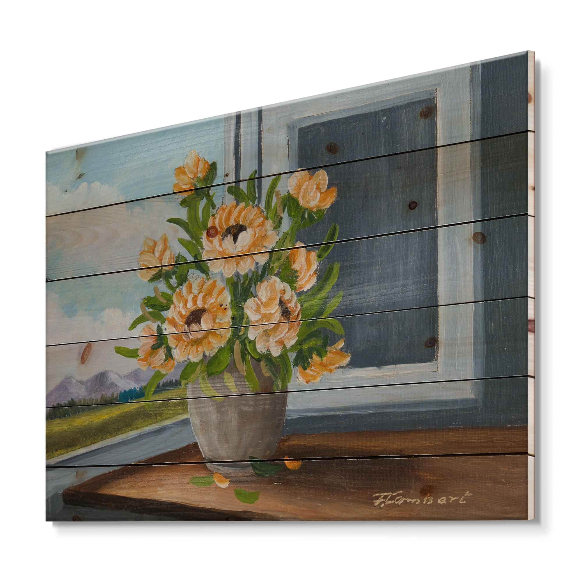 Designart 'Still Life With Orange Flowers In Vase At The Window' Traditional Print on Natural Pine Wood