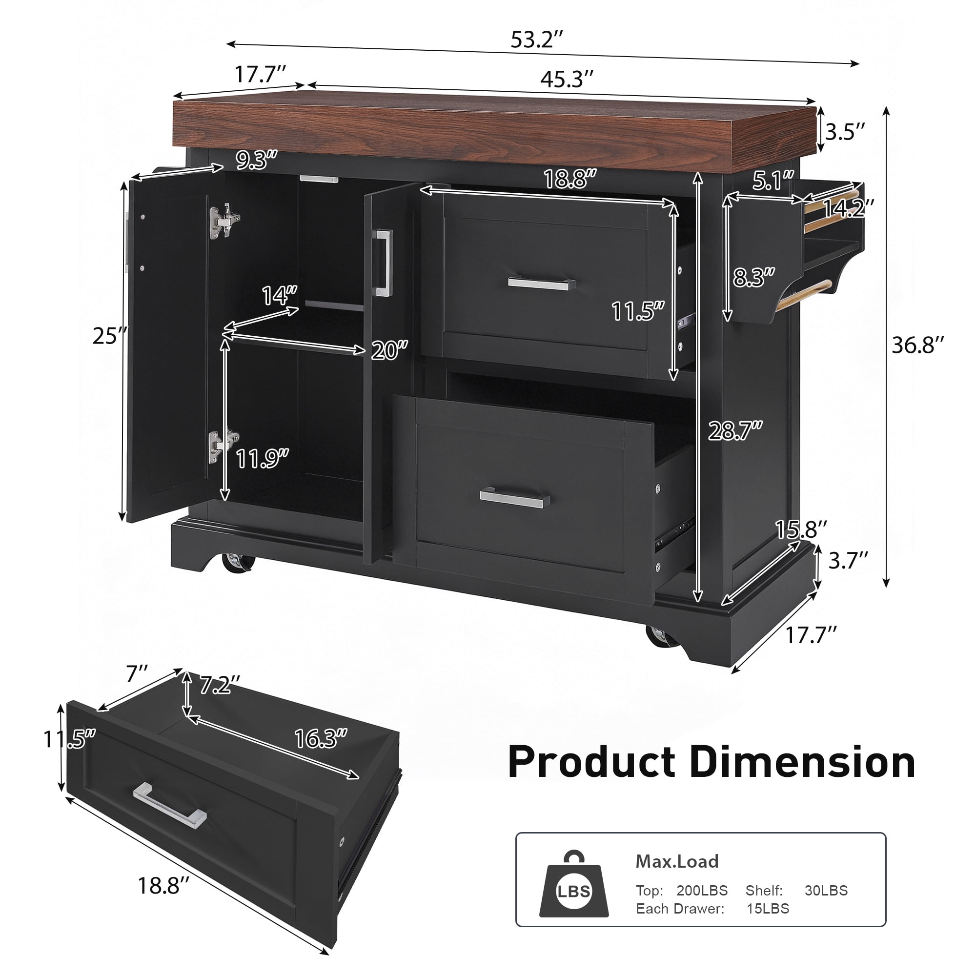 Aukfa 53" Kitchen Island with 3.5" Thick Desktop, Rolling Kitchen Cart with 2 XL Drawers & Spice Rack,Black