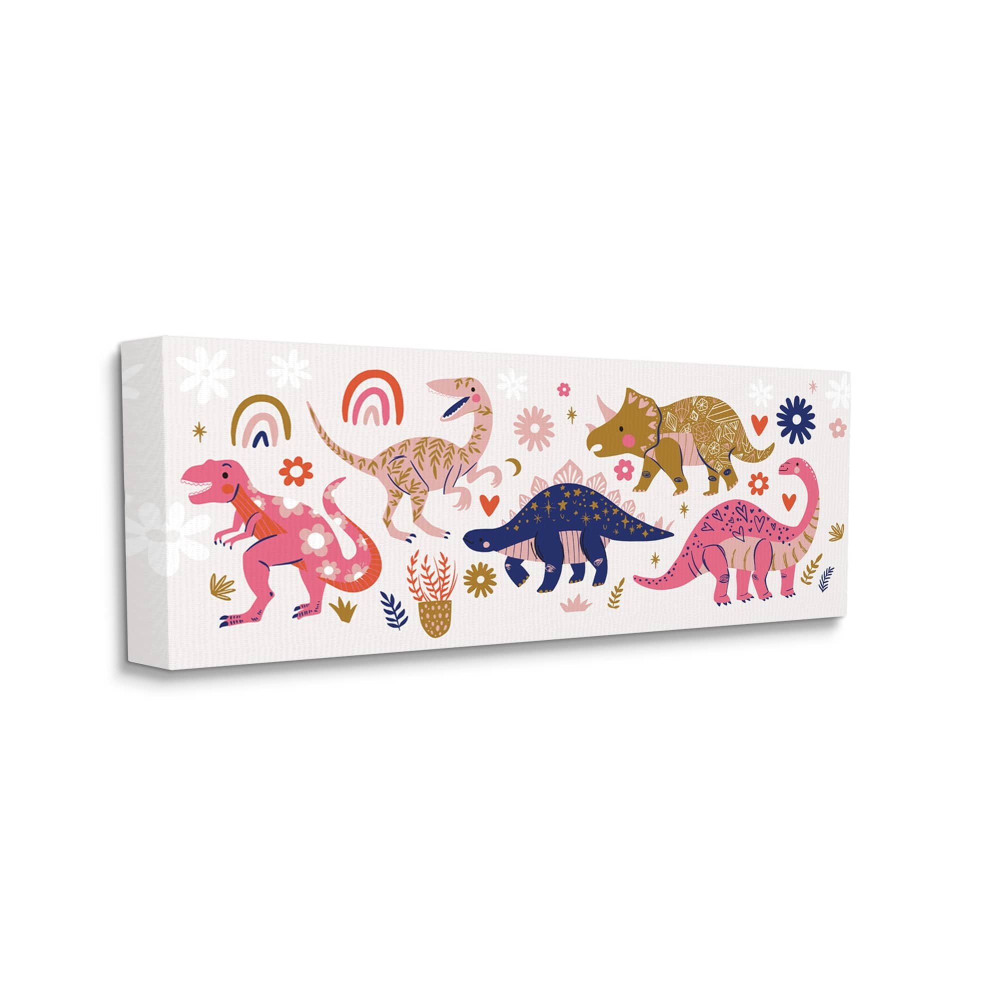 Stupell Industries Happy Whimsical Dinosaurs with Rainbow Florals,17 x 40,Designed by Arrolynn Weiderhold