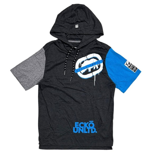 Ecko Unltd Men's Hoodie T-Shirt Panel Stitched Logo Print Short Sleeve Tee (Small, Charcoal Heather)