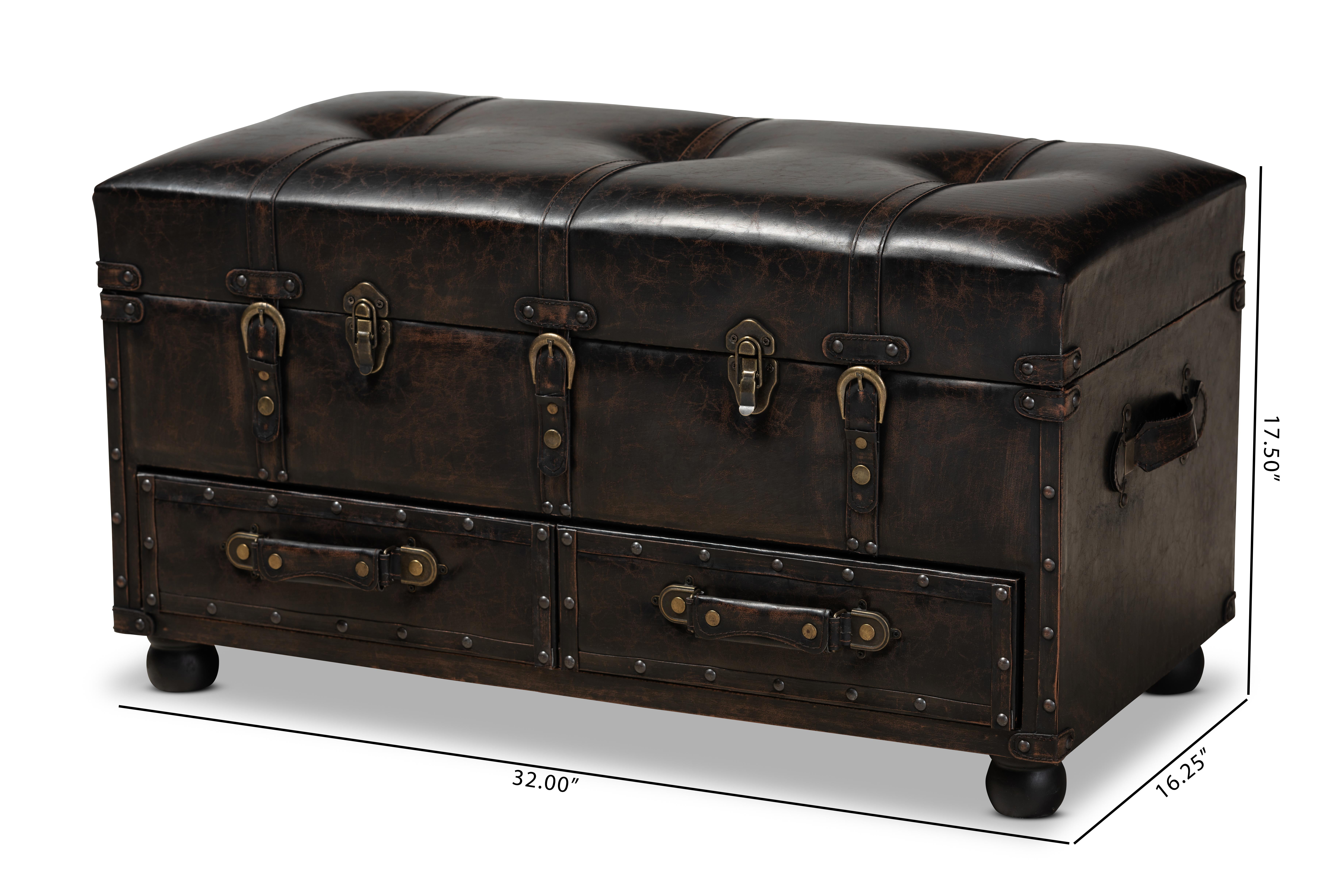 Baxton Studio Callum Modern Transitional Distressed Dark Brown Faux Leather Upholstered 2-Drawer Storage Trunk Ottoman
