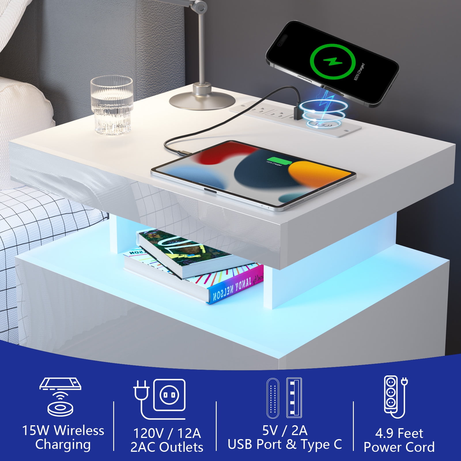 Hommpa Modern LED Nightstand with Charging Station USB Type C 2 Drawer Bedside Table High Gloss White Smart Nightstands End Side Table for Bedroom
