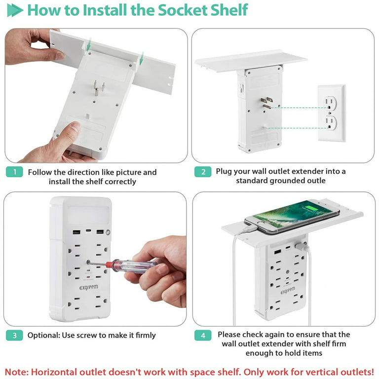 Socket Shelf Cordless Wall Outlet Extender with 6-Outlets and 2