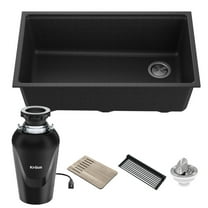 Kraus Bellucci Workstation 33 in. Undermount Granite Composite Single Bowl Kitchen Sink in Metallic Black with Accessories with Waste Guard Continuous Feed Garbage Disposal