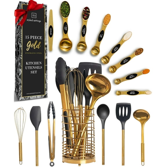 Styled Settings Black and Gold Kitchen Utensils Set - 15 Piece Set Includes Gold and Black Silicone Cooking Utensils with Gold Utensil Holder and Gold Magnetic Measuring Spoons - Gold Kitchen Set
