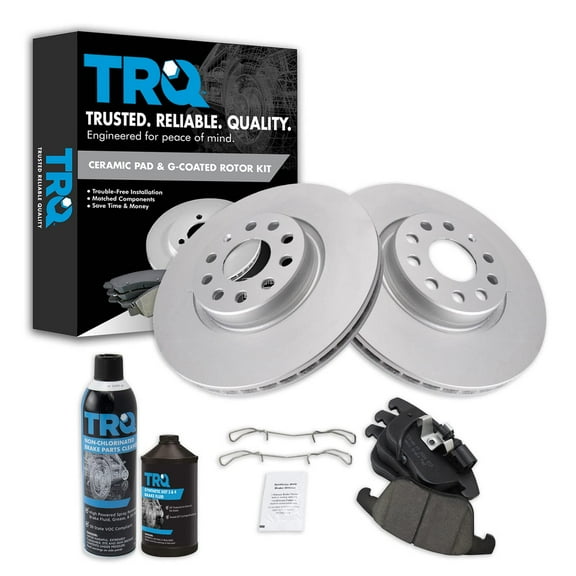 TRQ Front Ceramic Brake Pad & Coated Rotor Kit w/Fluids for VW Tiguan Passat Q3 BKA24240 Fits select: 2012-2019 VOLKSWAGEN PASSAT, 2009-2017 VOLKSWAGEN TIGUAN