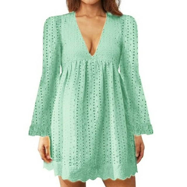 MAWCLOS Ladies Loose Hollow Out Mini Dresses Party Flared Sleeves Short Dress Light Green 2XL