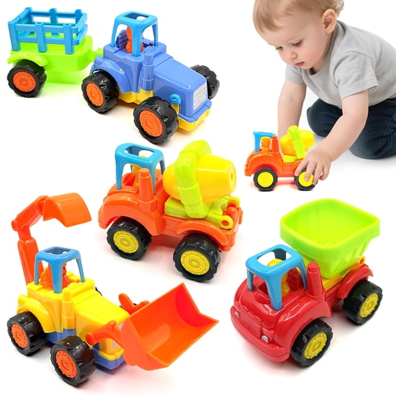 Push and Go Cars for Kids Toddlers, Boy Toys Cars 4PCS Tractor Bulldozer Dumper Cement Mixer Engineering Vehicles Toys for 1 2 3 4 5 Years Old Boys Girls, Birthday Gifts Toys for Toddler Age 2 3