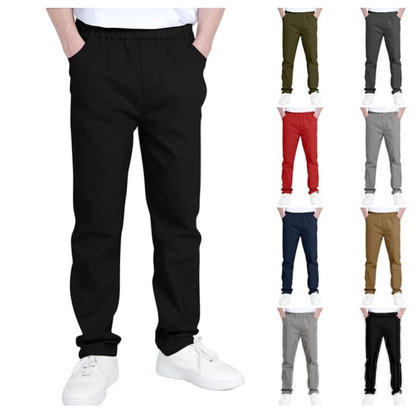 Boys Dress Pants High Waisted Straight Leg Comfy Uniform Pants with Pockets Casual Pull On Pant Kids School Uniforms Black 14-15 years